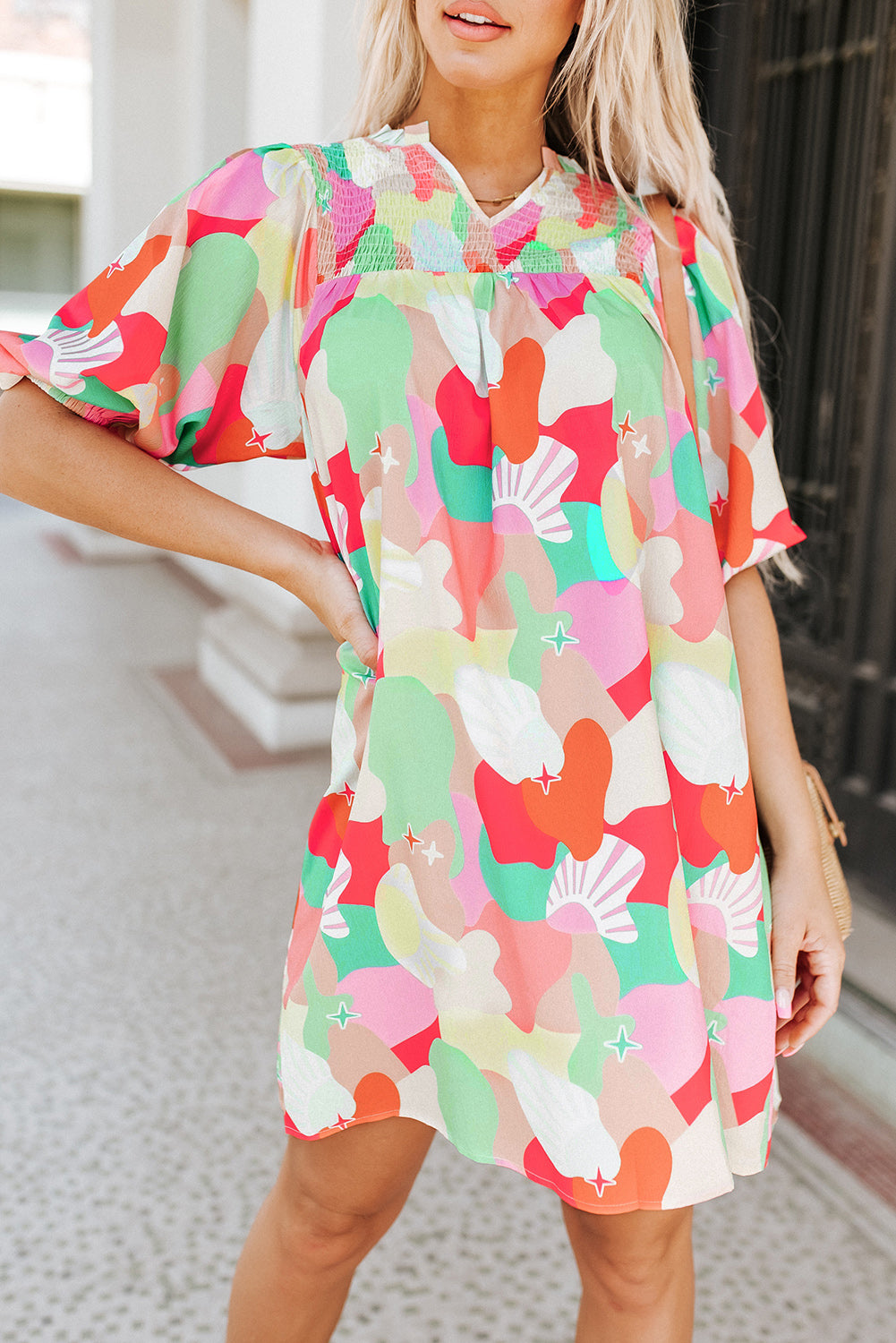 Abstract Print Notch V Neck Puff Sleeve Dress