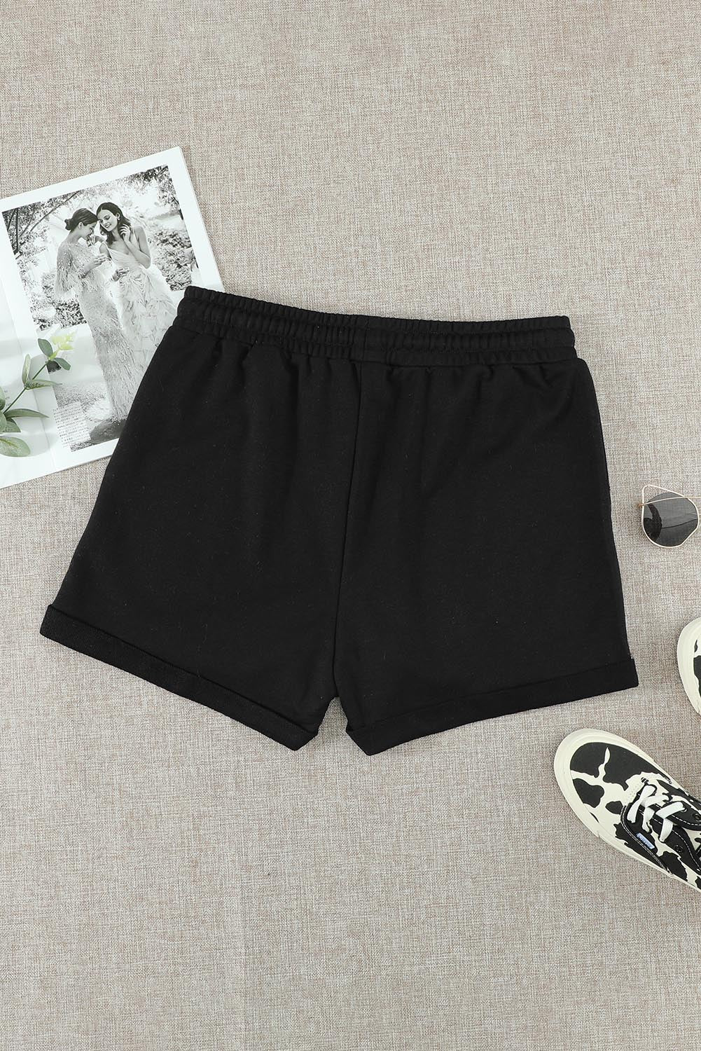 Tie Waist Side Pockets Cuffed Lounge Shorts