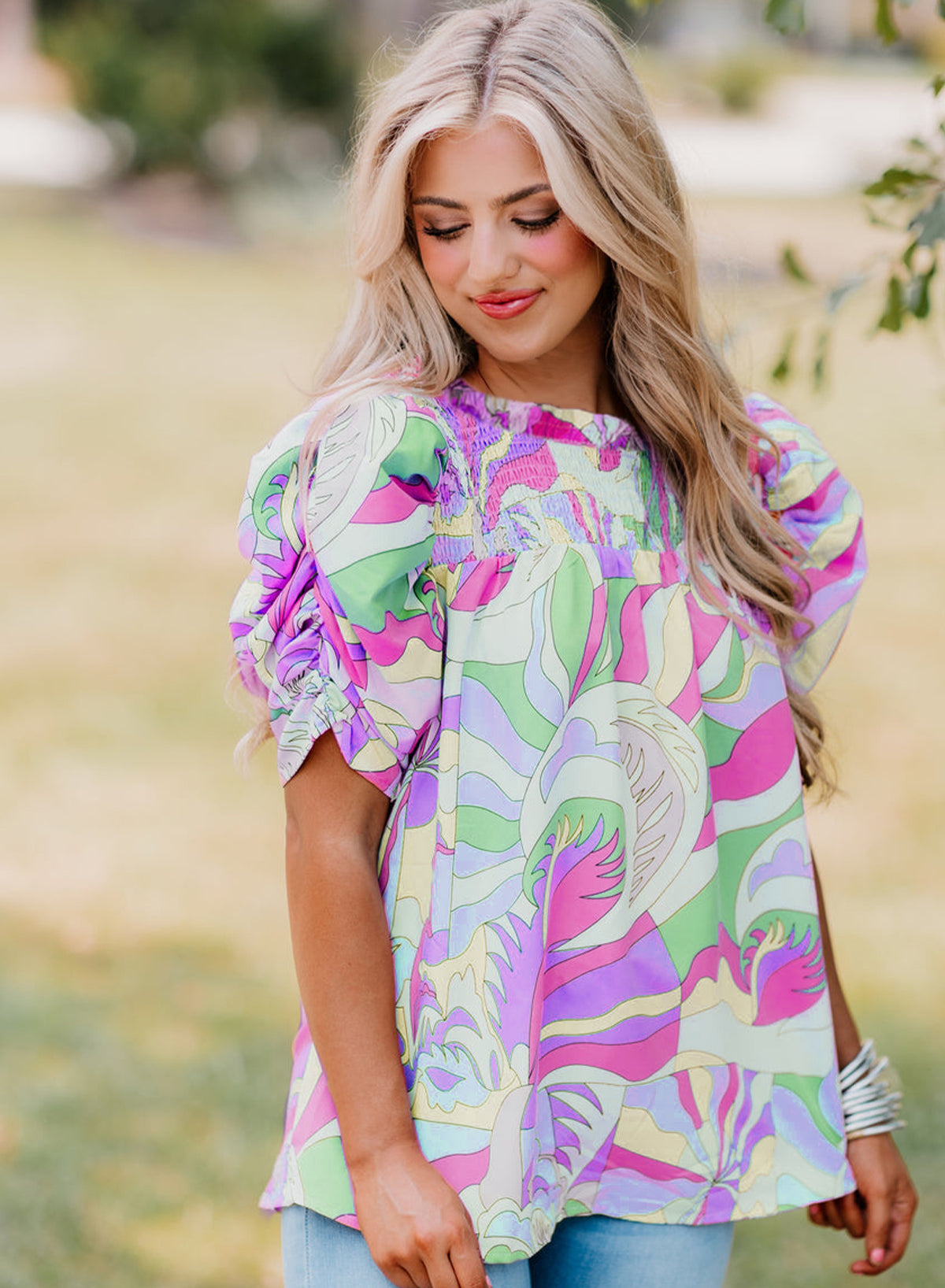 Green Abstract Print Bubble Sleeve Smock Detail Blouse