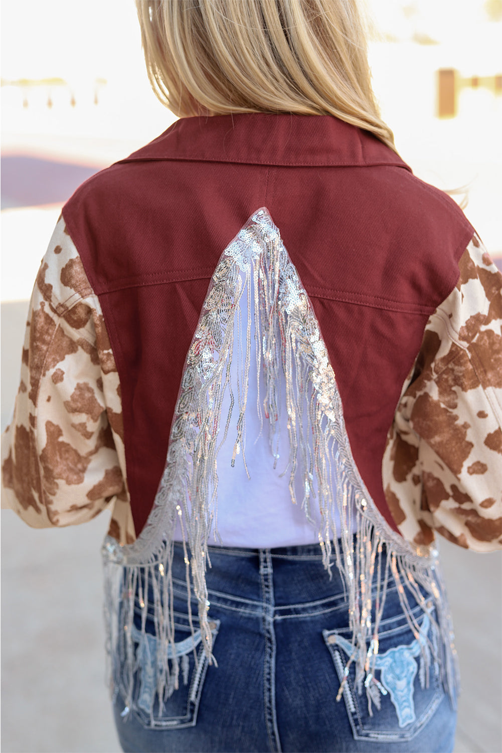 Abstract Print Sleeve Back Fringed Cropped Denim Jacket