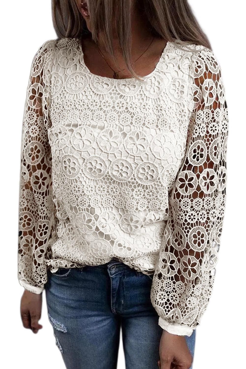 Lace Contrast Hollow-out Long Sleeve Blouse