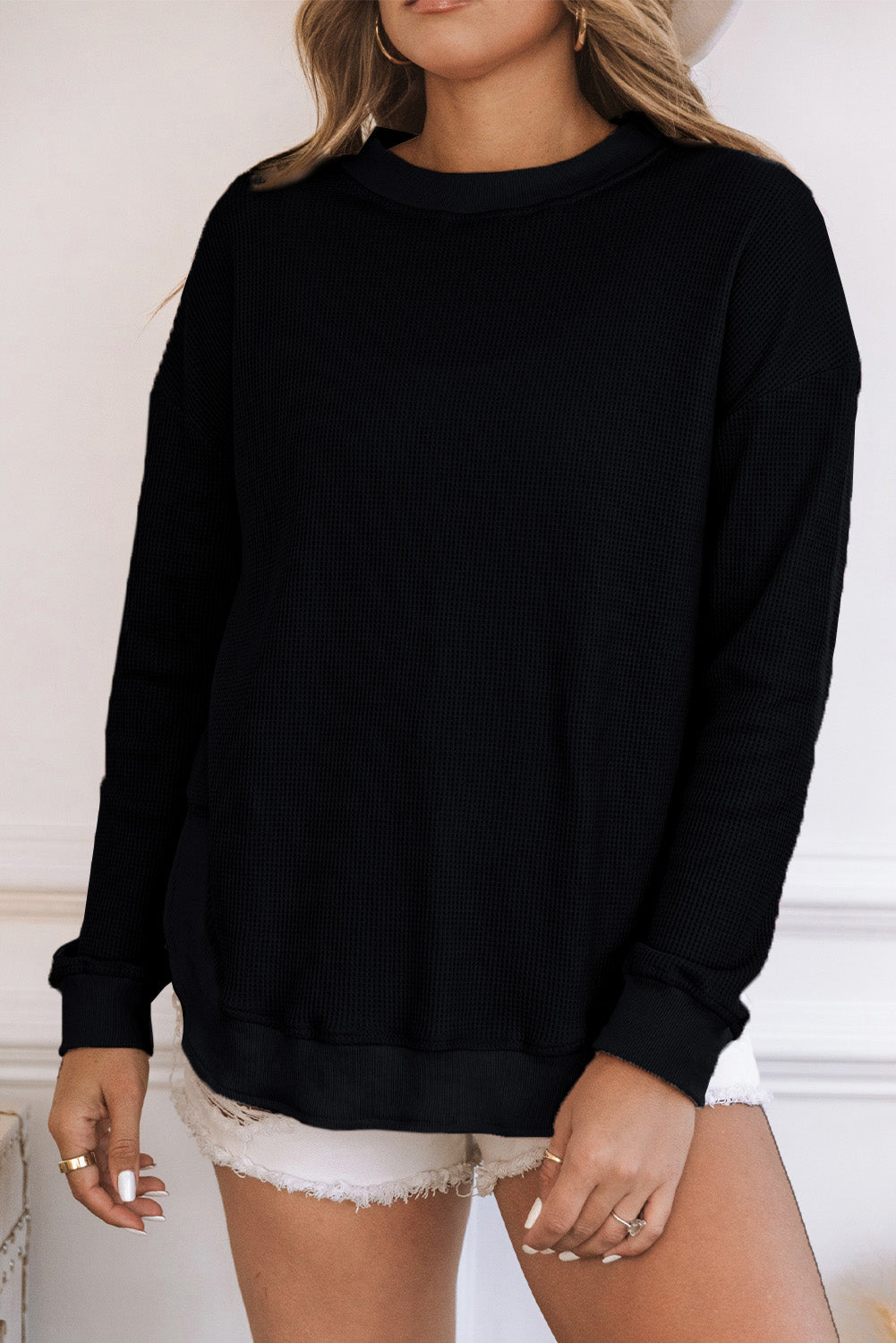 Crew Neck Ribbed Trim Waffle Knit Top