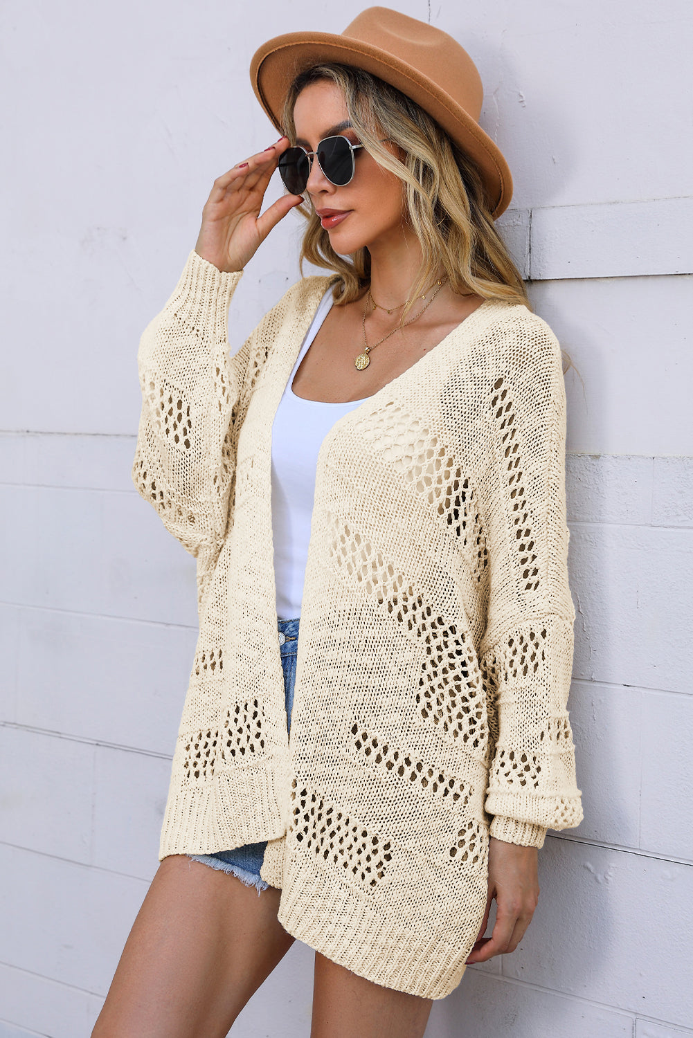 Pink Casual Hollowed Knit Dolman Sleeve Cardigan