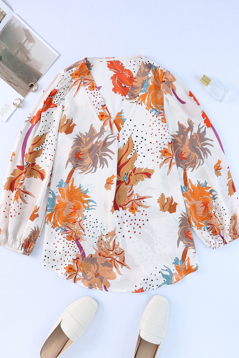 White V Neck Loose Sleeve Floral Blouse