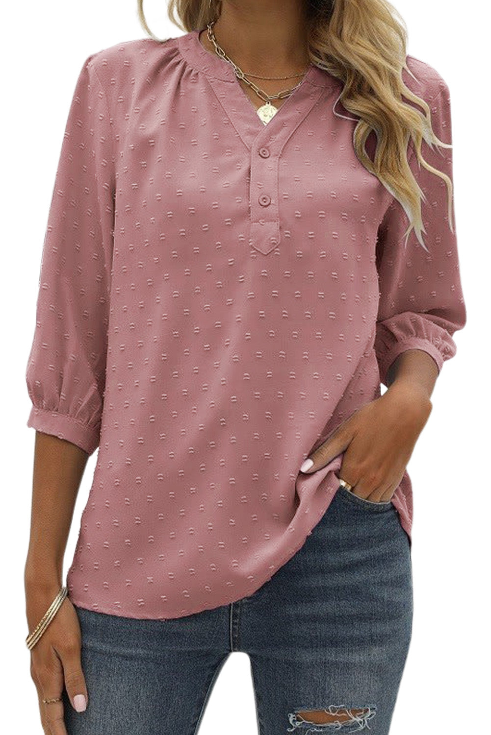 Blouse boutonnée à pois rose à manches mi-longues