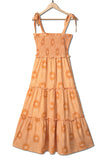 Robe longue smockée à plusieurs niveaux avec bretelles à lacets et imprimé floral style bohème orange