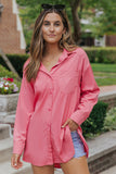 Chemise tunique surdimensionnée à manches longues de couleur unie rose