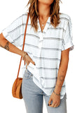 Striped Print Loose V Neck Short Sleeve Shirt with Slits