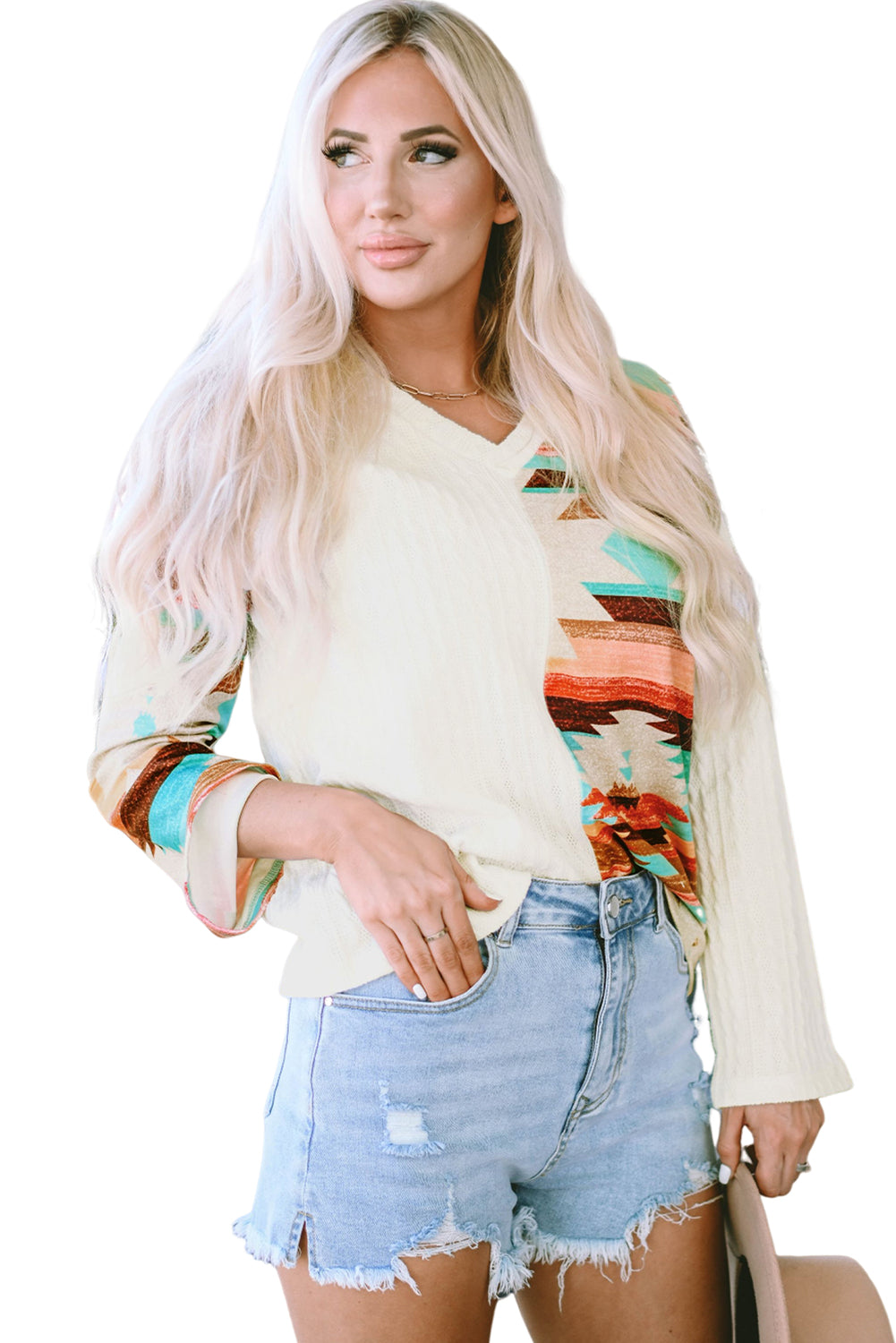 Western Aztec Patch Textured Knit Top