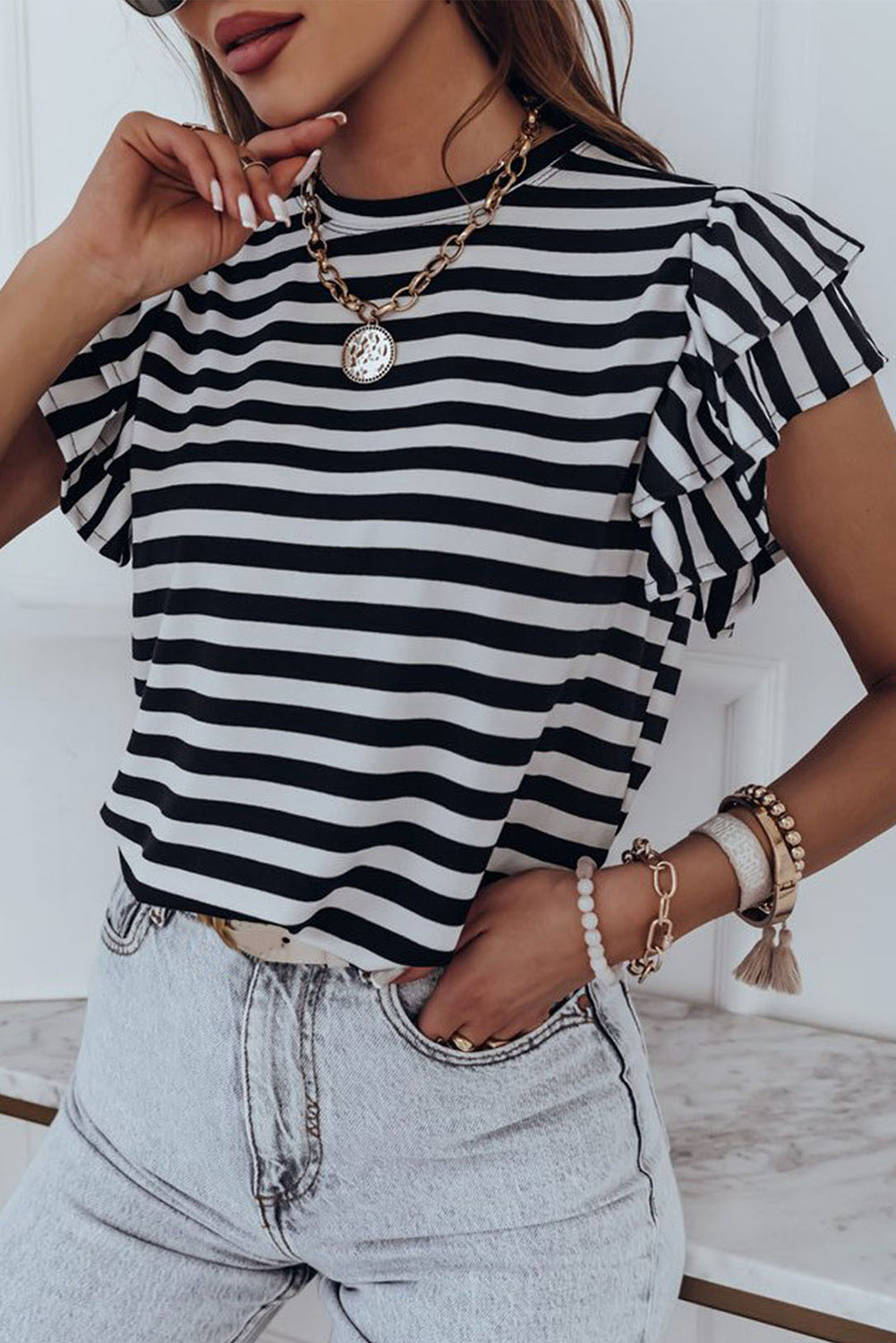 Stripe Print Tiered Ruffled Sleeve Tee