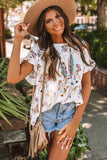 Floral Ruffled Short Sleeve Back Knot Blouse