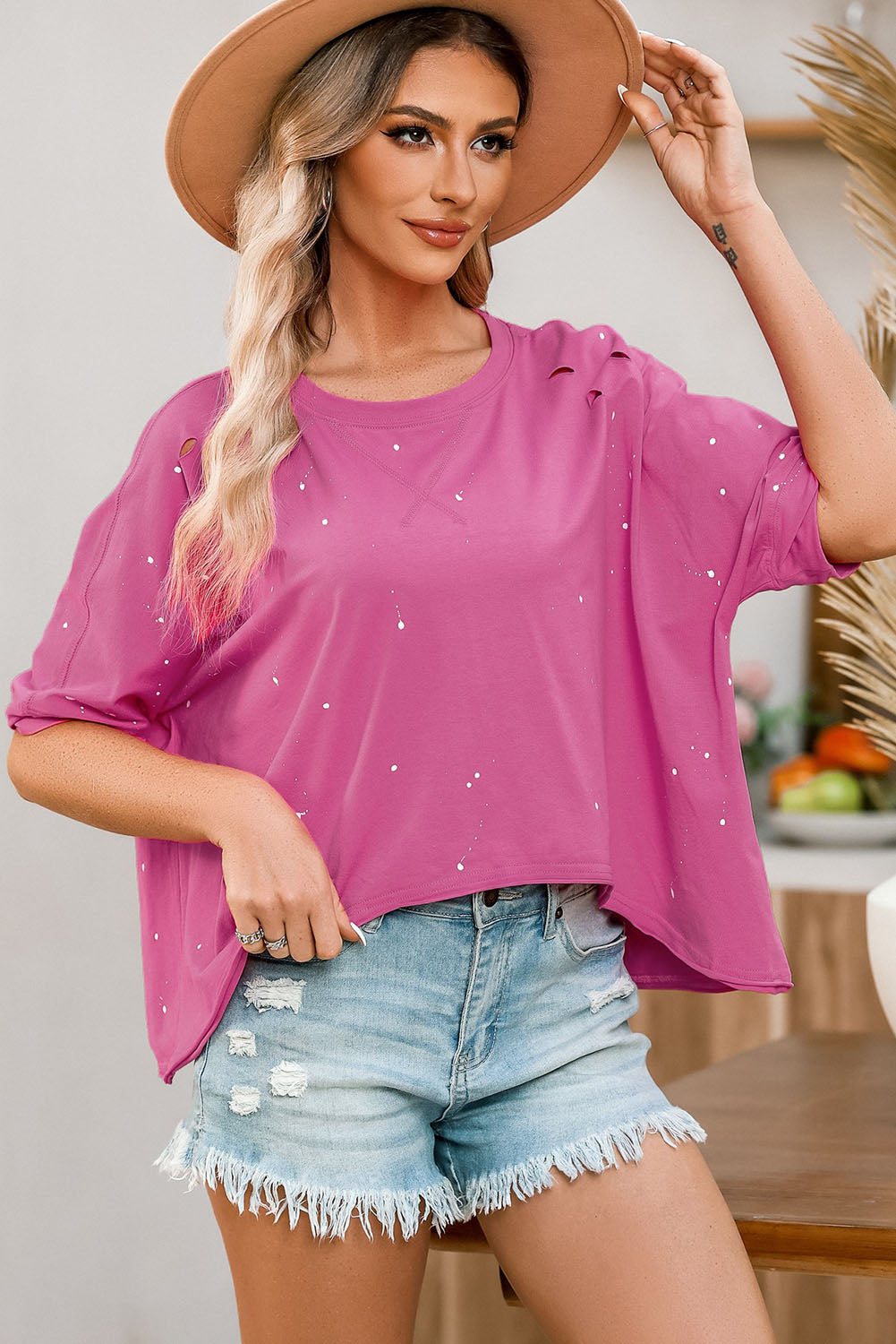 Distressed Bleached Asymmetric Hem Short Sleeve Top