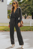 V Neck Wrap Waist Tie Long Sleeve Jumpsuit