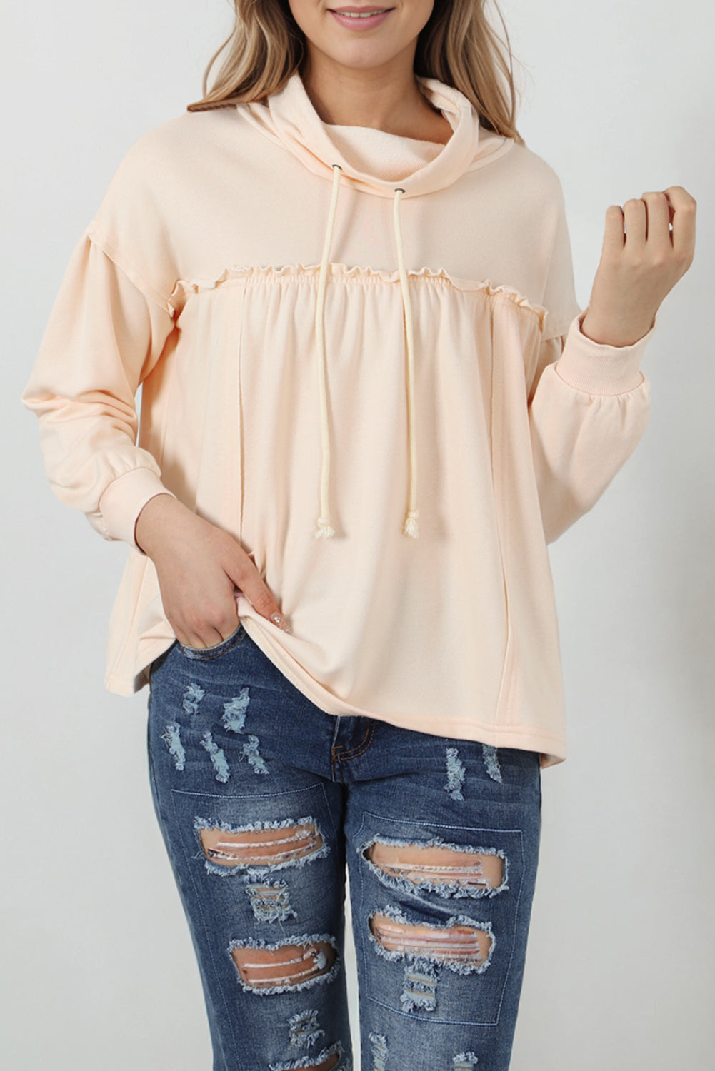 Frill Exposed Seam Cowl Neck Oversized Sweatshirt