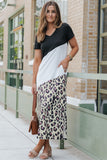 Red Leopard Color Block Side Slit T Shirt Maxi Dress