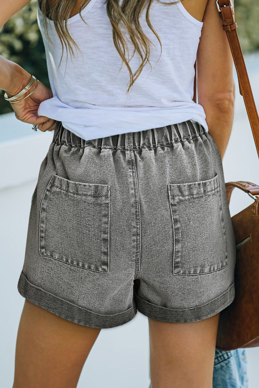 Short en denim taille haute avec cordon de serrage et poches gris