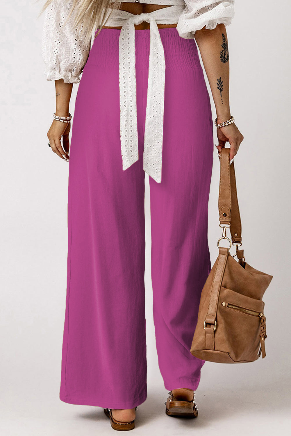 Pink Textured High Waist Wide Leg Plus Size Pants