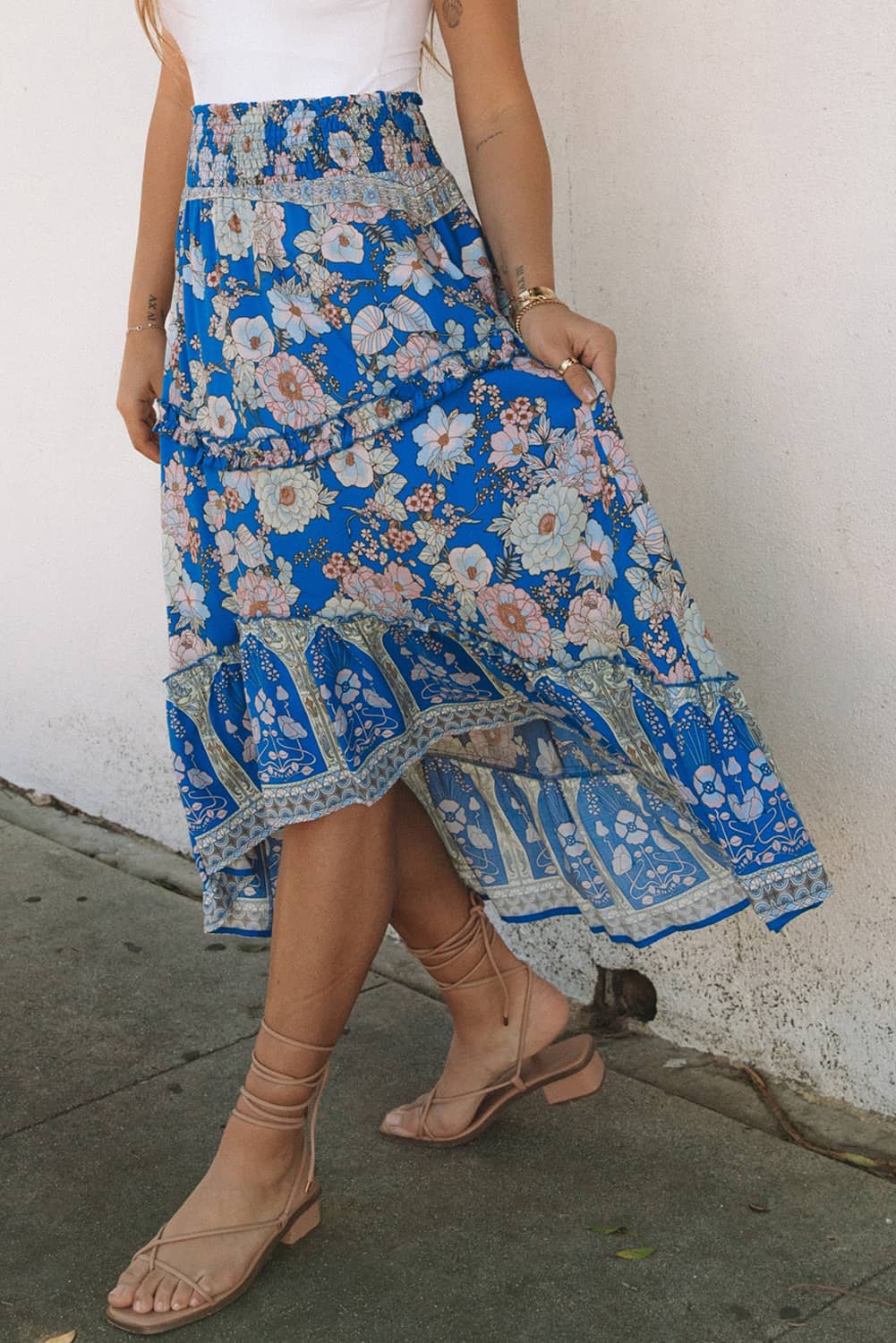 Smocked Waist Boho Floral Maxi Skirt