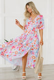 Tropical Floral Print Ruched V Neck Maxi Dress