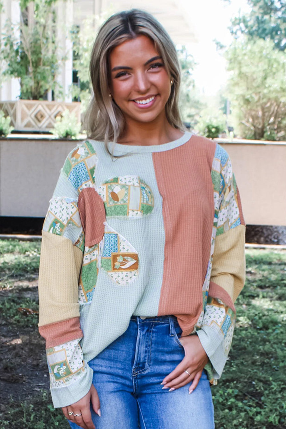 Rose Pink Floral Patchwork Waffle Color Block Pullover Top