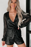 Black Sequined V Neck Wrapped Long Sleeve Romper