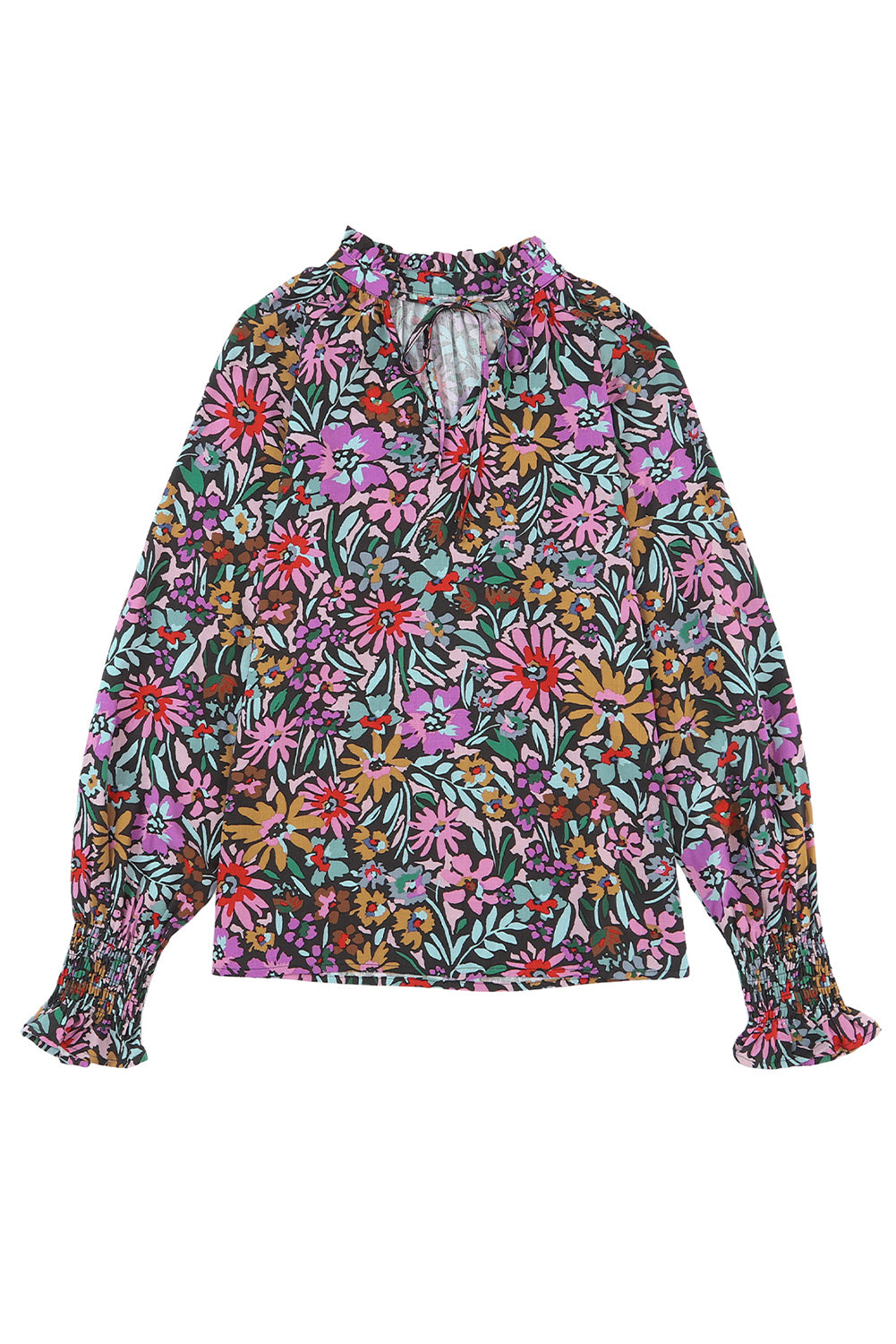 Blouse multicolore à col en V et manches longues à volants et imprimé floral