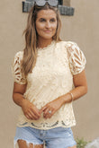 Crochet Lace Hollowed Puff Sleeve Blouse