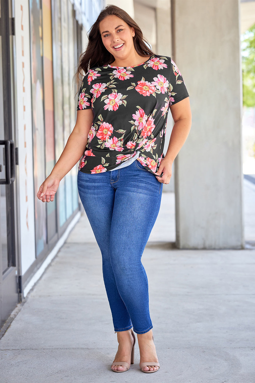 Plus Size Floral Print Twist Knot Top