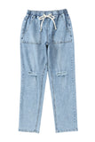 Gather Round Distressed Pocketed Denim Jogger