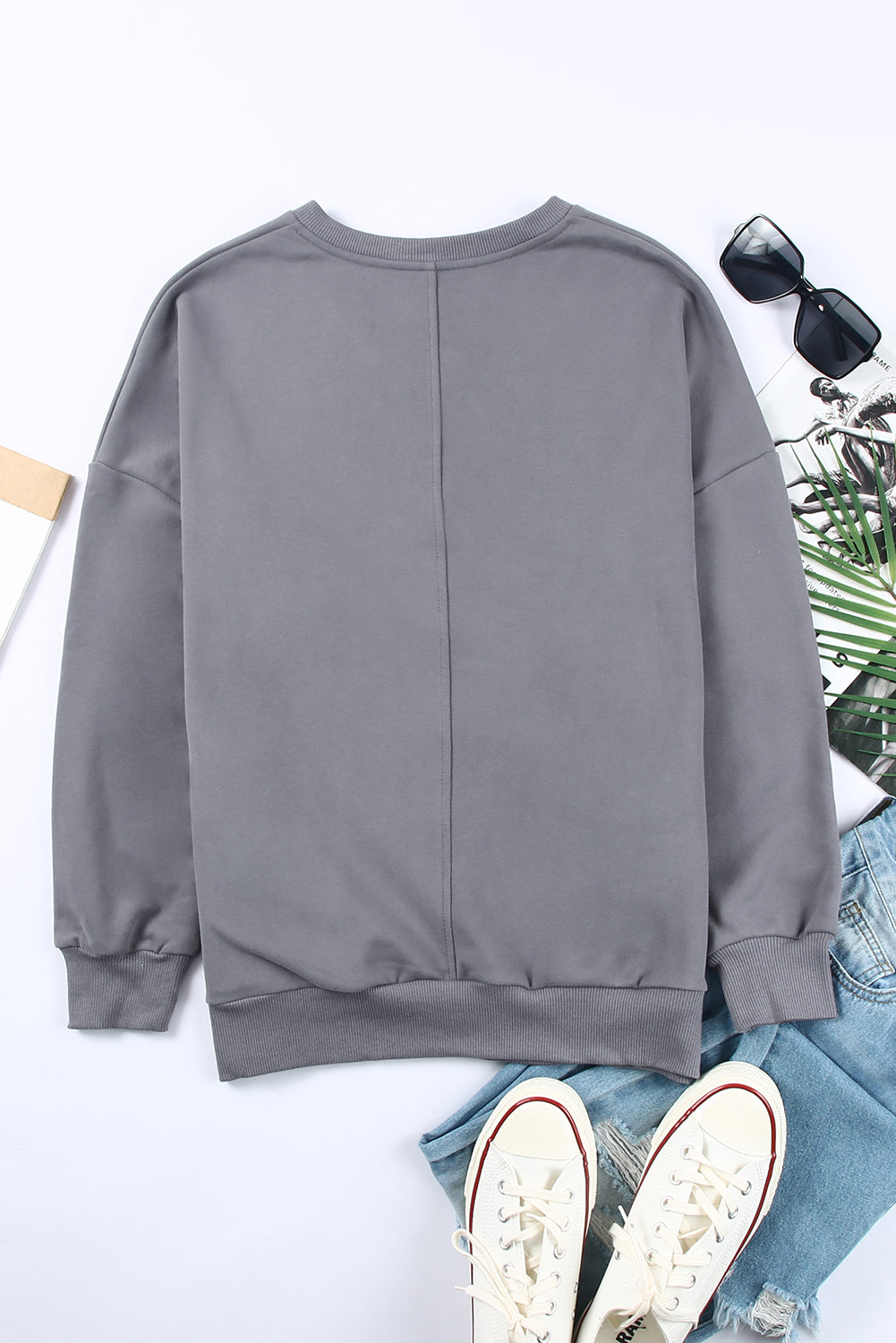 Ribbed V Neck Drop Shoulder Sweatshirt