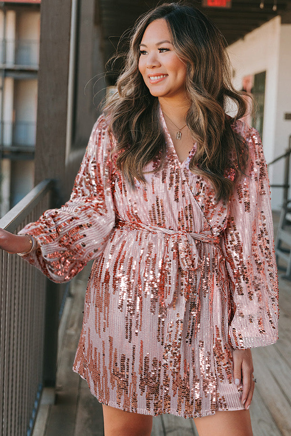 Sequin Bubble Sleeves Short Wrap Dress