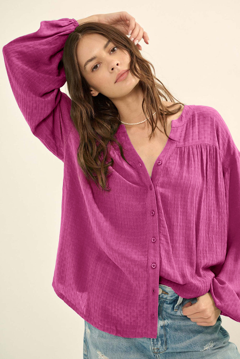 Solid Color Jacquard Puff Sleeve Button up Shirt