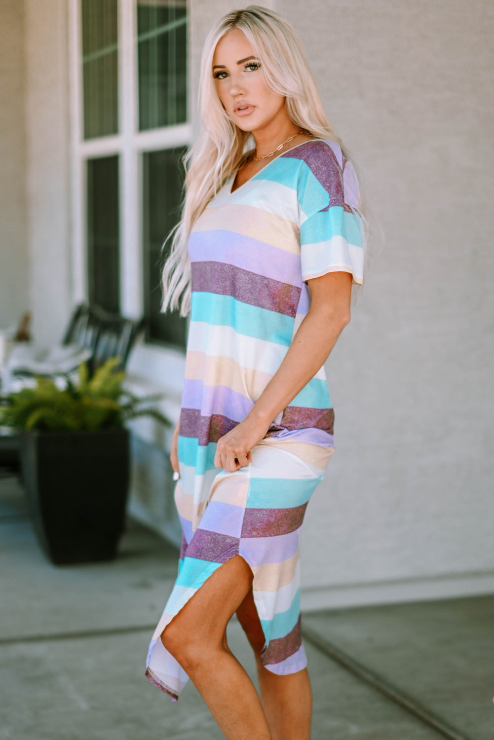 Striped Color Block V Neck T Shirt Midi Dress