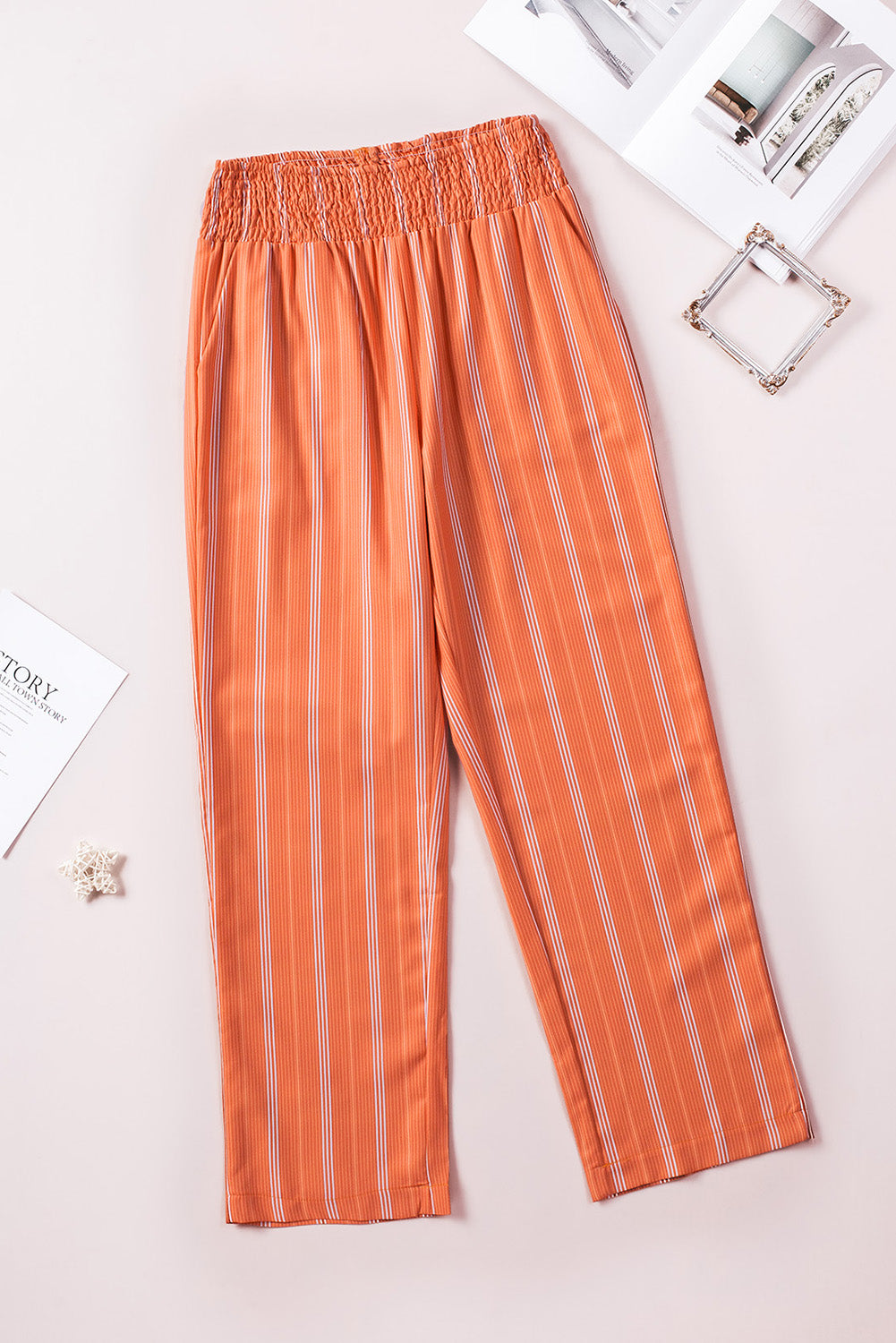 Orange Striped Shirred High Waist Straight Leg Pants