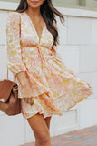 V Neck Long Sleeve Tiered Floral Dress