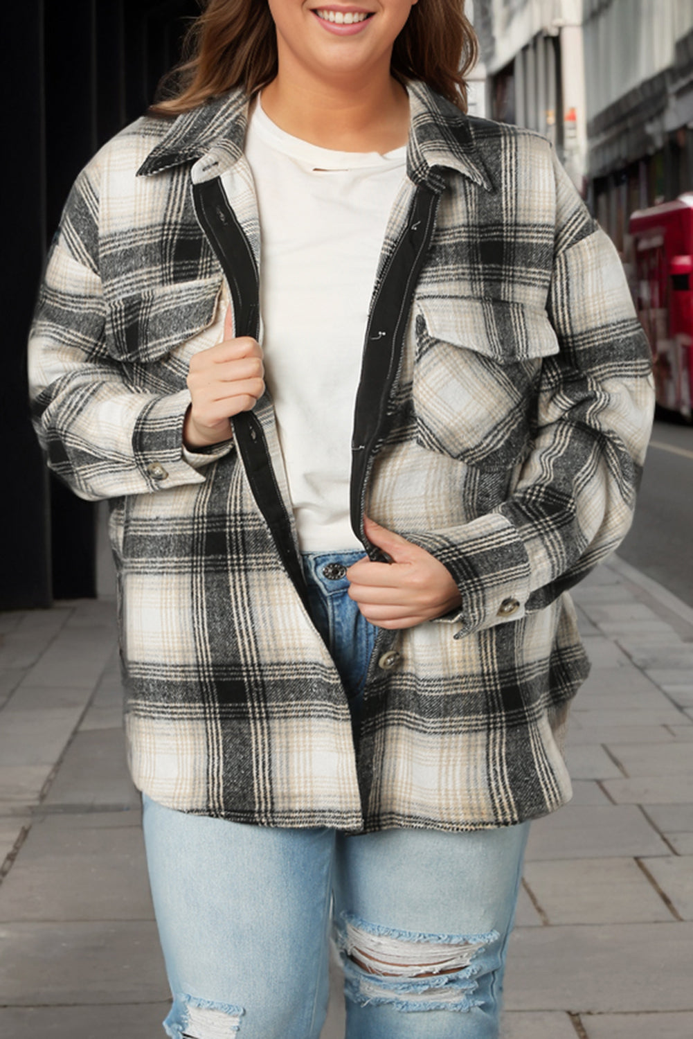 Plus Size Brushed Plaid Flap Pocket Shacket