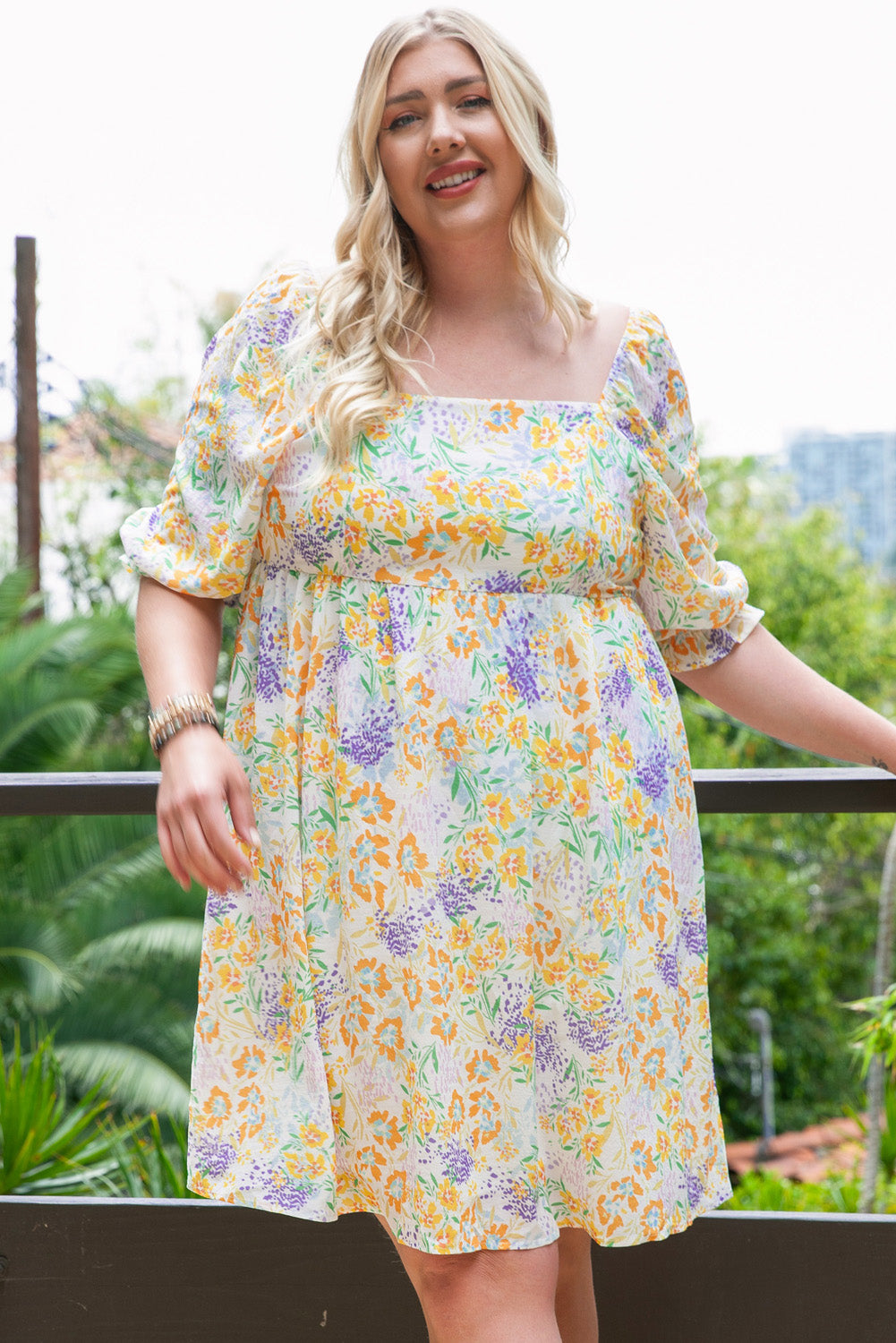 Plus Size Floral Print Ruffle Bubble Sleeve Babydoll Dress