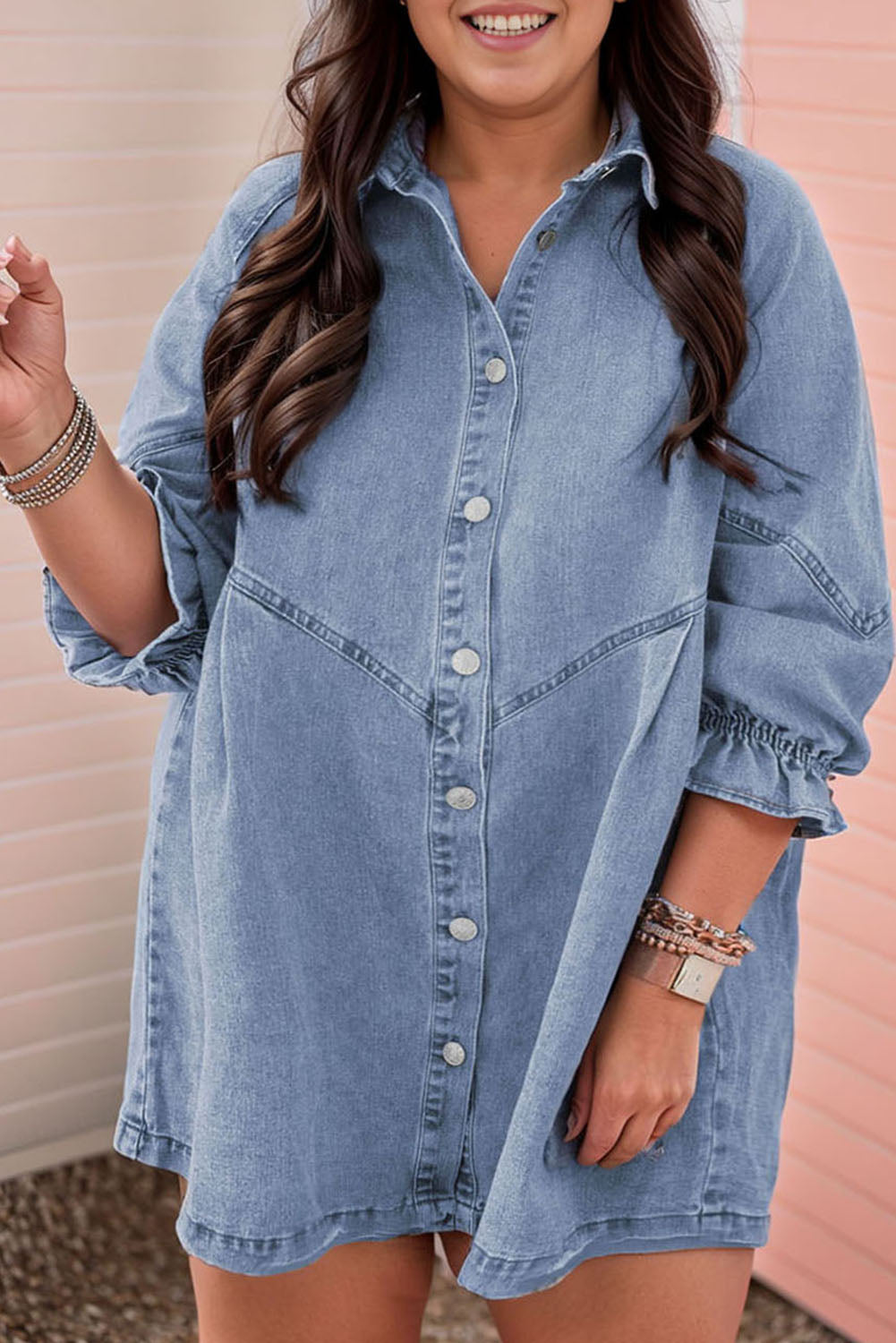 Gray Buttoned Long Sleeve Denim Mini Dress