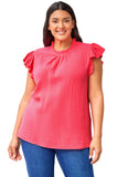 Blouse texturée froissée rose à manches bouffantes et à volants