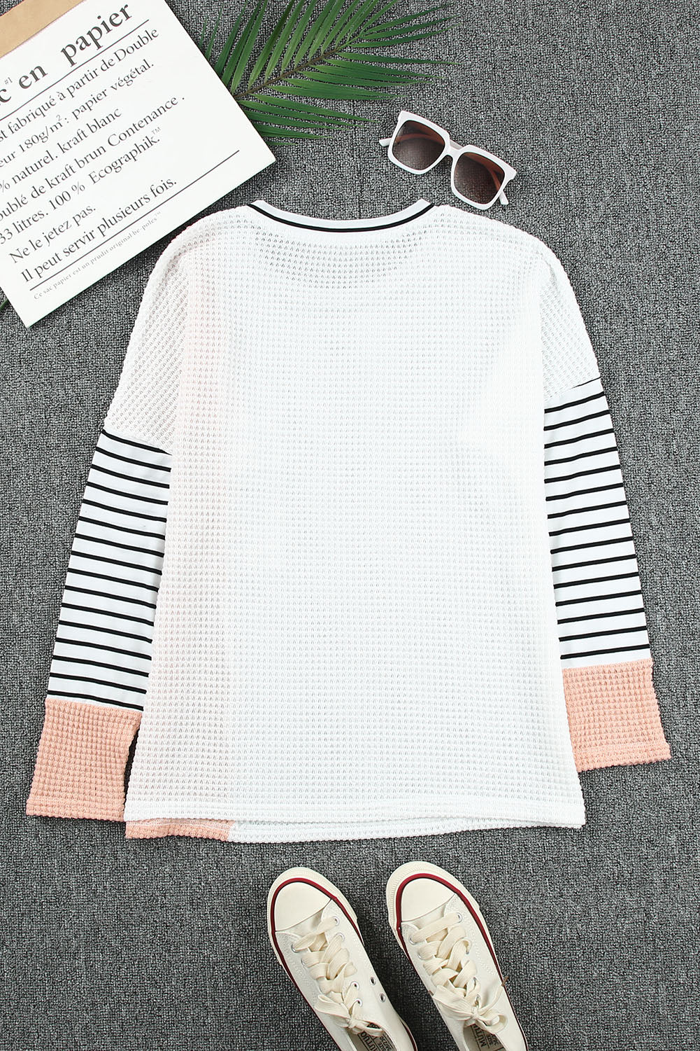 Colorblock Striped Splicing Waffle Knit Long Sleeve Top