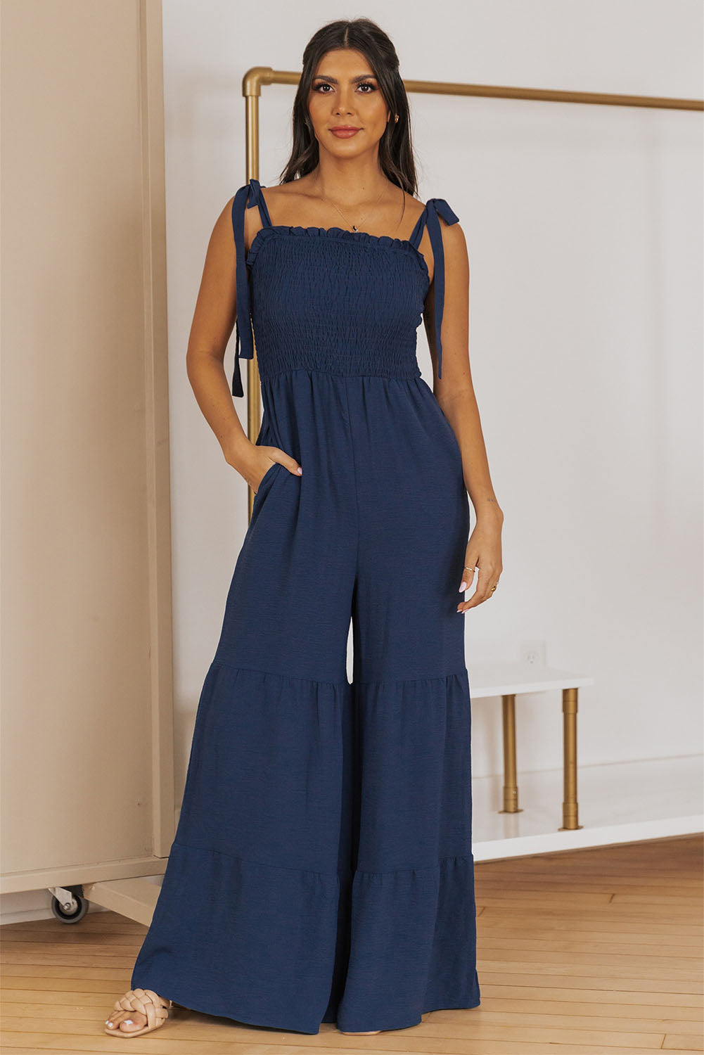 Black Tie Straps Shirred Bodice Tiered Wide Leg Jumpsuit