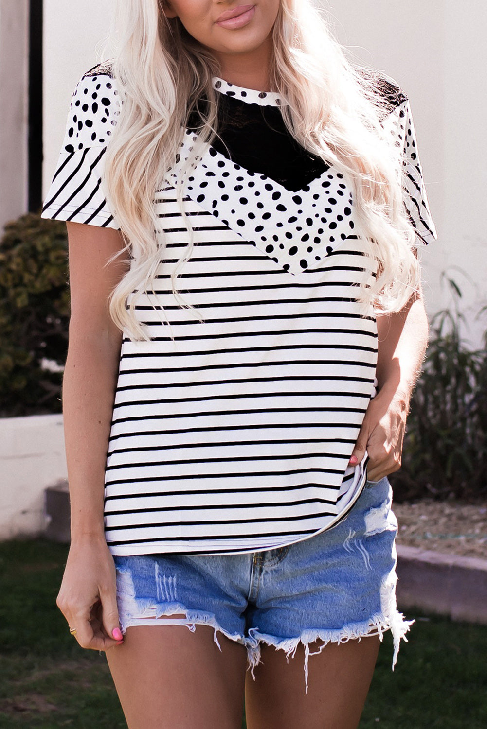 Chevron Colorblock Lace Leopard Striped Print Short Sleeve Top