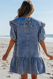 Dusk Blue Ruffled Collared Side Pockets Puff Sleeve Denim Mini Dress