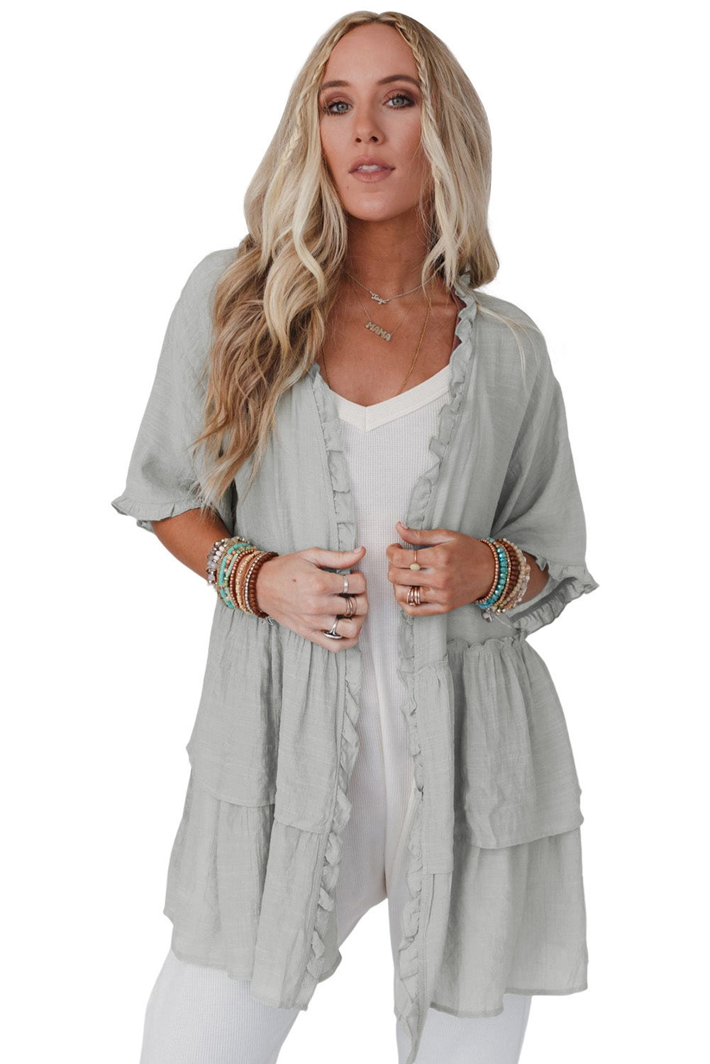 Ruffled Trim Half Sleeve Open Front Kimono