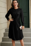 Twist Front Tie Back Long Sleeve Satin Dress