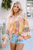 Paisley Print Bell Sleeve Lace V-Neck Button Sheer Blouse