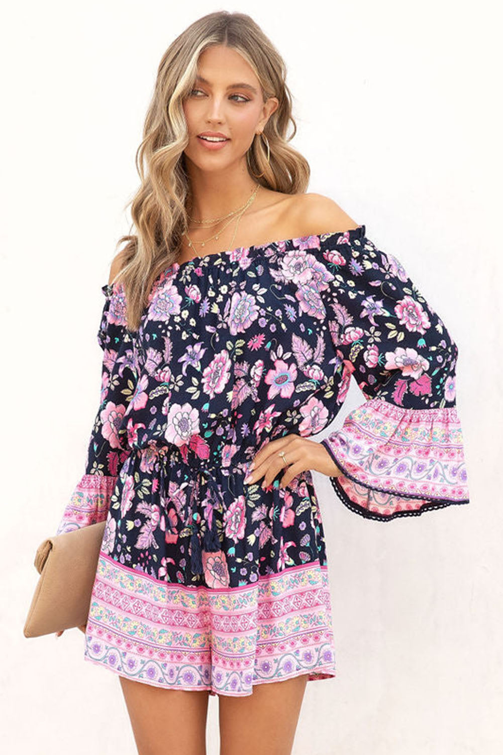 Floral Patchwork High Waist Off Shoulder Romper