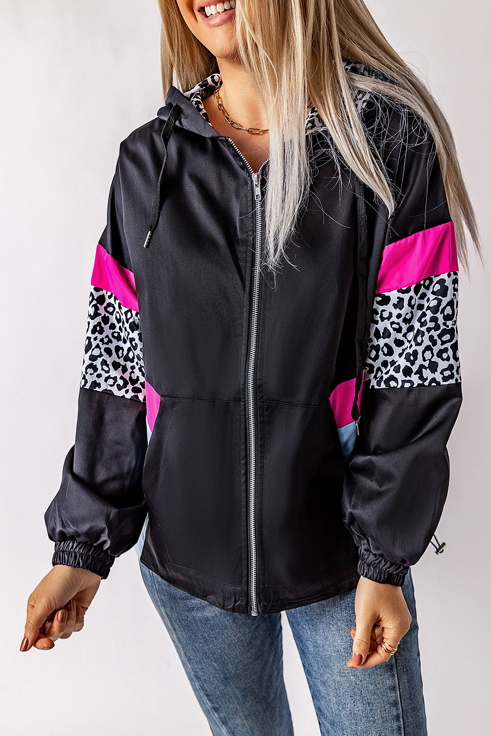 Black Leopard Color Block Pockets Zip-up Hooded Jacket