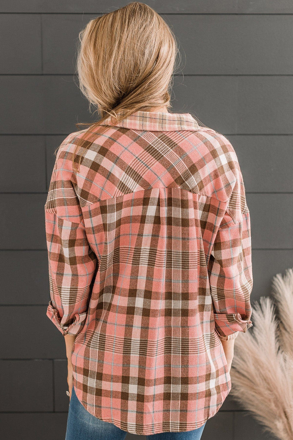 Chemise orange à motif écossais à épaules tombantes et ourlet arrondi