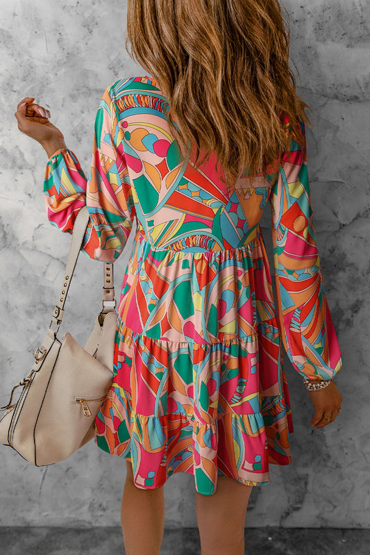 Multicolor Geometric Print Split Neck Ruffle Tiered Mini Dress